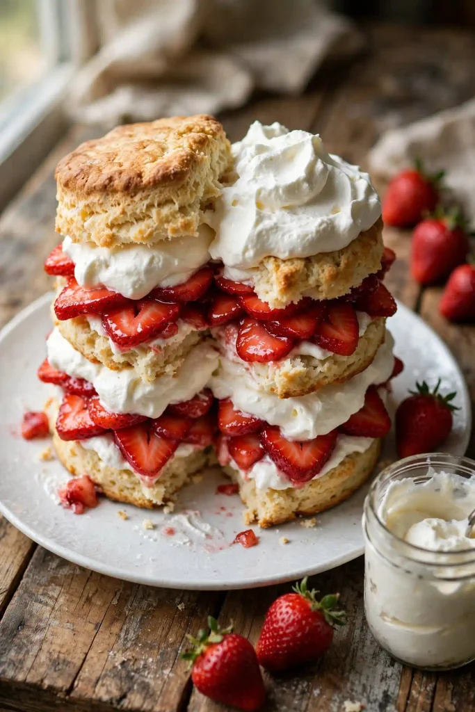 Classic strawberry shortcake with a golden homemade biscuit, glistening macerated strawberries, and a cloud of whipped cream on a white ceramic plate