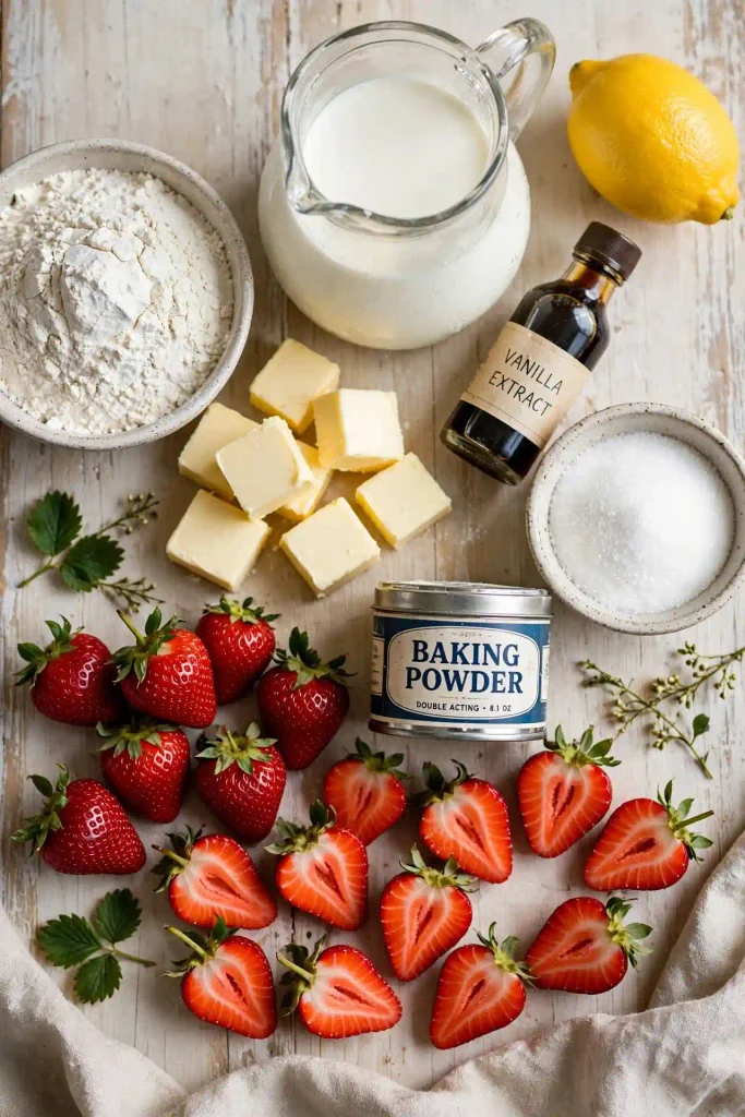 All ingredients for homemade strawberry shortcake laid flat on a wooden surface including fresh strawberries, flour, cold butter, and heavy cream