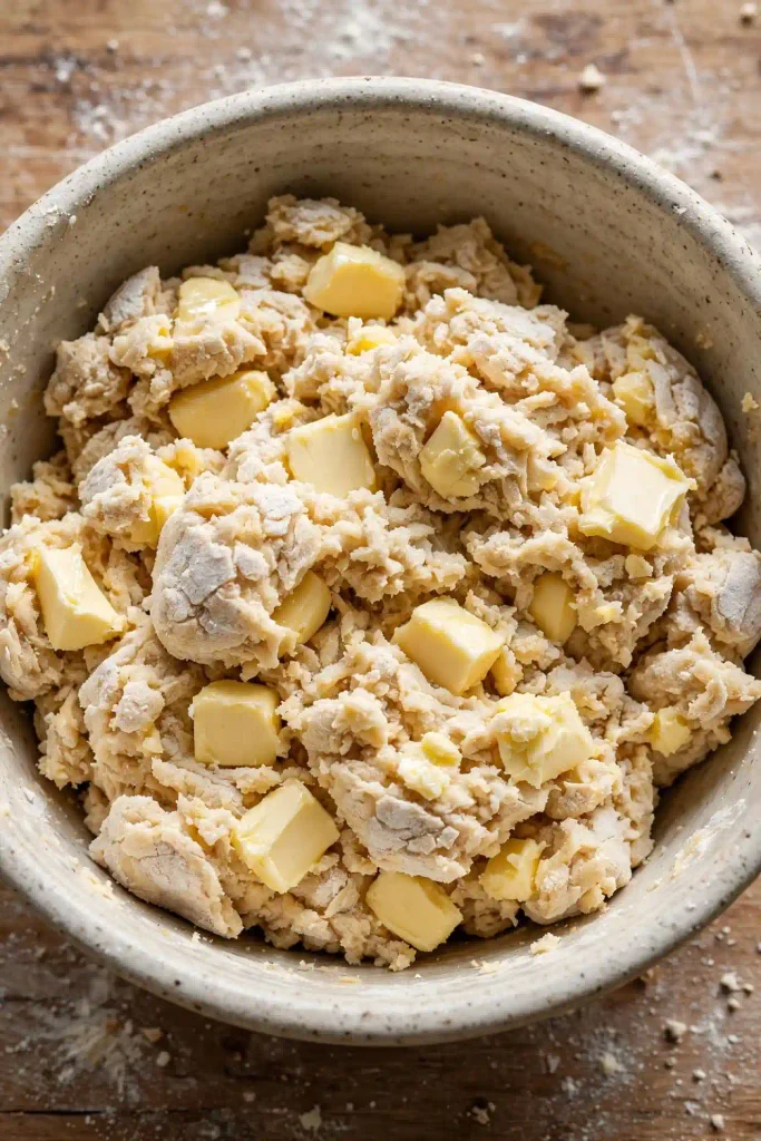 Shaggy homemade biscuit dough for strawberry shortcake in a ceramic bowl with visible butter chunks on a floured countertop