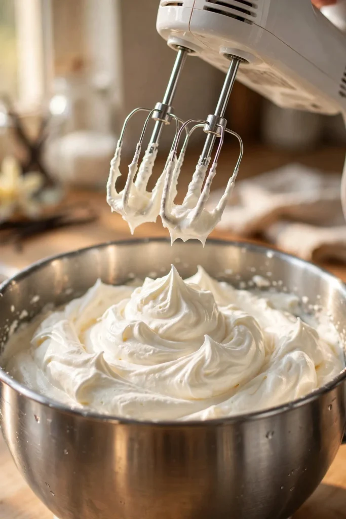 Freshly whipped cream forming soft peaks in a stainless steel bowl for strawberry shortcake topping, hand mixer above